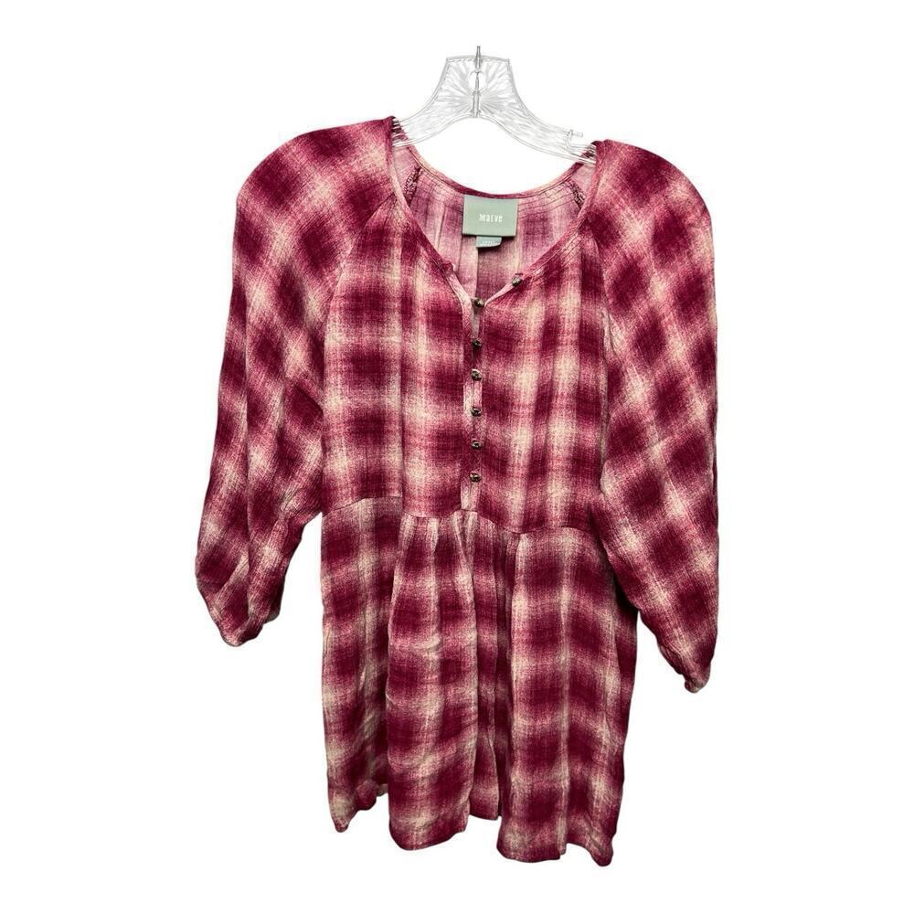 Anthropologie Maeve Devery Pink Gingham Shirt 1/4 Button Flowy